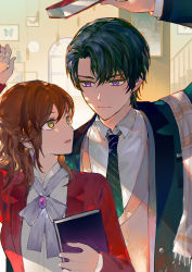 Rule 34 | 1boy, 1girl, absurdres, black jacket, black necktie, book, brown hair, closed mouth, earrings, green eyes, highres, holding, holding book, indoors, jacket, jewelry, laoyepo, long hair, looking at another, marius von hagen (tears of themis), necktie, open mouth, polo shirt, purple eyes, purple hair, red jacket, rosa (tears of themis), short hair, tears of themis