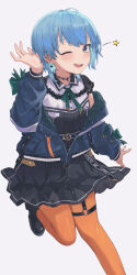Rule 34 | 1girl, ;), absurdres, alternate hairstyle, black shirt, black skirt, blue eyes, blue hair, blue jacket, blush, breasts, choker, earrings, frilled shirt, frilled skirt, frills, green ribbon, highres, hololive, hoshimachi suisei, hoshimachi suisei (streetwear), jacket, jewelry, kiwwwwwi, light blue hair, looking at viewer, md5 mismatch, miniskirt, neck ribbon, official alternate costume, one eye closed, open clothes, open jacket, orange pantyhose, pantyhose, resolution mismatch, ribbon, shirt, short hair, simple background, skirt, small breasts, smile, solo, source smaller, star (symbol), star in eye, symbol in eye, thigh strap, virtual youtuber