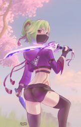 Rule 34 | 1girl, absurdres, alternate costume, ass, black thighhighs, body markings, cherry blossoms, crop top, cropped jacket, from behind, genshin impact, green hair, highres, holding, holding sword, holding weapon, katana, kuki shinobu, mask, mouth mask, shorts, starflight, sword, tagme, tattoo, thighhighs, weapon