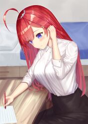 Rule 34 | 1girl, adjusting hair, ahoge, bed, black skirt, blue eyes, breasts, closed mouth, commentary request, go-toubun no hanayome, hair ornament, highres, holding, holding pen, indoors, large breasts, long hair, nakano itsuki, nyaa28, paper, pen, red hair, shirt, shirt tucked in, sitting, skirt, sleeves rolled up, smile, solo, star (symbol), star hair ornament, white shirt