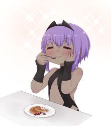 Rule 34 | 1girl, :i, = =, bare shoulders, berry, black bodysuit, blush, bodysuit, closed eyes, closed mouth, dark-skinned female, dark skin, eating, facing viewer, fate/prototype, fate/prototype: fragments of blue and silver, fate (series), food, foodgasm, fork, hair between eyes, hand on own cheek, hand on own face, hands up, hassan of serenity (fate), holding, holding fork, i.u.y, pancake, plate, purple hair, solo, sparkle background