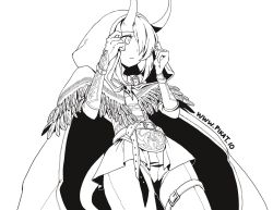 Rule 34 | 1girl, belt, belt buckle, bird skull, buckle, cloak, closed mouth, dungeons &amp; dragons, feather trim, greyscale, hair over one eye, highres, hood, hood up, horns, long hair, monochrome, pikat, skull, solo, tail, thigh strap, tiefling, vambraces, unfinished