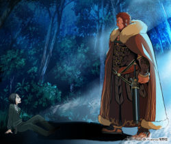 Rule 34 | 2boys, are you my master, armor, beard, breastplate, cape, cleavage cutout, clothing cutout, eye contact, facial hair, fate/zero, fate (series), forest, full body, fur-trimmed cape, fur trim, iskandar (fate), kikuyarou, looking at another, male focus, mature male, moonlight, multiple boys, muscular, muscular male, nature, red cape, red eyes, red hair, short hair, size difference, standing, waver velvet