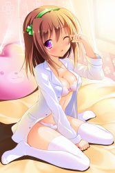 Rule 34 | 1girl, animal-shaped pillow, arm up, bed sheet, blouse, blush, bow, bow bra, bow panties, bra, breasts, brown hair, cleavage, clover, curtains, dress shirt, four-leaf clover, from side, full body, hair between eyes, hairband, highres, large breasts, leaf print, long hair, looking at viewer, on bed, one eye closed, open clothes, open shirt, original, panties, parted lips, pink bow, purple eyes, rubbing eyes, shadow, shirt, sidelocks, sitting, solo, sunlight, thighhighs, thighs, unbuttoned, unbuttoned shirt, underwear, waking up, wariza, white panties, white thighhighs, yagami-all hail nanao