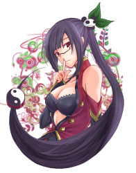 Rule 34 | 1girl, arc system works, bare shoulders, black hair, blazblue, blazblue: calamity trigger, bra, breasts, chinese clothes, cleavage, detached sleeves, finger to mouth, glasses, kamashy, lao jiu, large breasts, litchi faye ling, panda, red eyes, underwear, yin yang