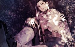 Rule 34 | 1boy, absurdres, arisaka, bolt action, cloak, facial hair, facial scar, full body, goatee, golden kamuy, greyscale, gun, hair strand, highres, imperial japanese army, knee up, looking at viewer, male focus, military, military uniform, monochrome, ogata hyakunosuke, open mouth, pants, rifle, scar, scar on cheek, scar on face, shoes, short hair, sitting, smile, solo, tree, uniform, weapon, yuu (isis7796)