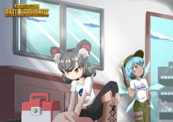 Rule 34 | 2girls, absurdres, animal ears, bags under eyes, blue hair, boots, building, cirno, contemporary, cross-laced footwear, fingerless gloves, gloves, grey hair, gun, handgun, hiding, highres, holding, holding gun, holding weapon, ice, ice wings, lace-up boots, logo, mouse ears, multiple girls, nasa logo, nazrin, pants, pistol, playerunknown&#039;s battlegrounds, rivia, shirt, t-shirt, taking cover, tan, tanned cirno, touhou, twitch.tv, v-shaped eyebrows, weapon, window, wings
