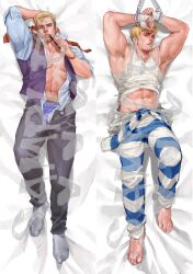 Rule 34 | 1boy, abs, alternate costume, alternate facial hair, arm behind head, armpit hair, armpits, arms up, bandaged hand, bandages, bara, clothes around waist, cody travers, come hither, covered erect nipples, cuffs, dakimakura (object), facial hair, final fight, formal, full body, goatee, handcuffs, highres, holding, holding pen, large pectorals, lips, looking at viewer, lying, male focus, male underwear, male underwear peek, midriff peek, muscular, muscular male, navel, navel hair, nipples, on back, open pants, pants, pectorals, pen, pen to mouth, pillow, prison clothes, purple male underwear, sample watermark, seductive smile, shirt, short hair, sideburns, smile, socks, stomach, striped clothes, striped shirt, stubble, tank top, thick eyebrows, underwear, upper body, vest, watermark, white tank top, zonknuckle