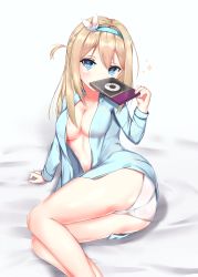 Rule 34 | 1girl, ass, bare legs, blonde hair, blue eyes, blue shirt, blush, cd, covered mouth, girls&#039; frontline, gmkj, hair between eyes, hand up, highres, holding, legs together, long hair, long sleeves, looking at viewer, lying, on side, one side up, open clothes, open shirt, panties, shirt, solo, suomi (girls&#039; frontline), thighs, underwear, white panties