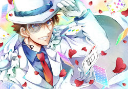 Rule 34 | 1boy, adjusting clothes, adjusting headwear, arm up, blue eyes, blue shirt, brown hair, cape, card, club (shape), collared shirt, commentary request, dress shirt, english text, falling petals, floating card, formal, gloves, grin, hair between eyes, hat, heart, jacket, joker (playing card), kaitou kid, kaya (hydego), long sleeves, looking at viewer, magic kaito, male focus, meitantei conan, monocle, monocle chain, multicolored background, necktie, petals, playing card, red necktie, seven of hearts, shirt, short hair, smile, solo, suit, teeth, three of clubs, top hat, upper body, white cape, white gloves, white hat, white jacket, white suit