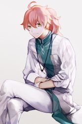 Rule 34 | 1boy, ahoge, fate/grand order, fate (series), gloves, id card, lab coat, long hair, male focus, pink hair, ponytail, romani archaman, smile, solo, wowishi, yellow eyes