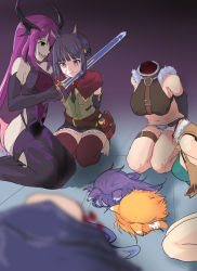 Rule 34 | 5girls, arms behind back, artist request, bare shoulders, blonde hair, blush, breasts, character request, copyright request, corpse, crying, crying with eyes open, death, decapitation, gradient background, headless, highres, medium breasts, miniskirt, multiple girls, peril, purple hair, revealing clothes, seiza, severed head, simple background, sitting, skirt, small breasts, sword, tears, thigh strap, thighhighs, vest, weapon