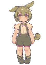 Rule 34 | 1girl, :3, brown eyes, bush, commentary request, feral lemma, full body, green footwear, green hair, green shorts, highres, long hair, looking at viewer, low ponytail, pea pod, shirt, short sleeves, shorts, simple background, sketch, smile, solo, suspender shorts, suspenders, voicevox, white background, white shirt, zundamon