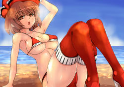Rule 34 | 1girl, :o, arm support, arm up, beach, bikini, breasts, brown eyes, brown hair, cameltoe, collarbone, day, half-closed eyes, hat, high heels, knees up, large breasts, looking at viewer, lyrica prismriver, micro bikini, n (dai n honpo), ocean, open mouth, outdoors, piano print, red bikini, red thighhighs, shiny skin, short hair, sitting, solo, sweat, swimsuit, thighhighs, touhou