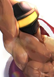Rule 34 | 1boy, abs, absurdres, arm behind head, armpit hair, armpits, bara, bare pectorals, crow (siranui), dark-skinned male, dark skin, fur-trimmed jacket, fur trim, hat, helmet, highres, jacket, large pectorals, looking at viewer, male focus, motorcycle helmet, muscular, muscular male, nipples, open clothes, open jacket, original, pectorals, presenting armpit, santa hat, smell, solo, sweat, upper body