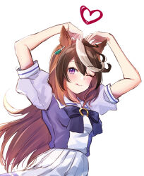 Rule 34 | 1girl, ;q, animal ears, arms up, blush, bow, breasts, brown hair, closed mouth, commentary request, hair between eyes, heart, highres, horse ears, long hair, looking at viewer, medium breasts, multicolored hair, one eye closed, pleated skirt, puffy short sleeves, puffy sleeves, purin jiisan, purple bow, purple eyes, purple shirt, school uniform, shirt, short sleeves, simple background, skirt, smile, solo, symboli rudolf (umamusume), tongue, tongue out, tracen school uniform, two-tone hair, umamusume, very long hair, white background, white hair, white skirt