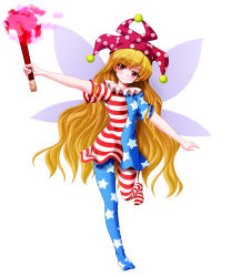 Rule 34 | 1girl, american flag dress, american flag legwear, asymmetrical clothes, asymmetrical legwear, blonde hair, blush, clownpiece, fairy, fairy wings, hat, highres, jester cap, kii (mahoraba), long hair, looking at viewer, pantyhose, pom pom (clothes), red eyes, short sleeves, simple background, solo, standing, standing on one leg, star (symbol), star print, torch, touhou, uneven legwear, very long hair, white background, wings