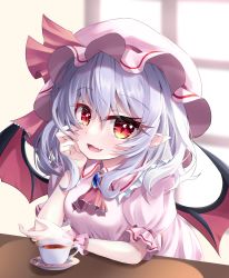 Rule 34 | 1girl, :d, ascot, bat wings, cup, fang, hat, hat ribbon, highres, indoors, looking at viewer, mob cap, open mouth, pink hat, pointy ears, purple hair, red ascot, red eyes, red ribbon, remilia scarlet, ribbon, s vileblood, short hair, short sleeves, skin fang, smile, solo, teacup, touhou, upper body, window, wings