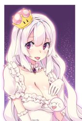 Rule 34 | 1girl, blunt bangs, boo (mario), border, breasts, chest jewel, choker, cleavage, collarbone, crown, dress, elbow gloves, eyelashes, fangs, frilled choker, frilled dress, frilled gloves, frilled sleeves, frills, gloves, hand on own chest, highres, kouri (ibubobubo), large breasts, light blush, long hair, looking at viewer, luigi&#039;s mansion, mario (series), mini crown, new super mario bros. u deluxe, nintendo, open mouth, outline, outside border, pink headwear, pink outline, polka dot headwear, princess king boo, puffy short sleeves, puffy sleeves, purple background, purple eyes, sharp teeth, short sleeves, simple background, skin fangs, solo, square neckline, super crown, teeth, upper body, upper teeth only, wavy hair, wavy mouth, white border, white choker, white dress, white gloves, white hair, white sleeves