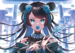 Rule 34 | 1girl, aqua eyes, arrow (projectile), bad id, bad pixiv id, bare shoulders, bell, black hair, black kimono, blue flower, blue hair, blue nails, blue ribbon, commentary request, covered mouth, crying, crying with eyes open, double bun, eyelashes, fingernails, floral print, flower, hair bun, hair ornament, hamaya, highres, holding, holding arrow, japanese clothes, jingle bell, kimono, kimono pull, ktm, lantern, long fingernails, long hair, long sleeves, looking at viewer, multicolored hair, nail polish, off shoulder, original, petals, print kimono, ribbon, simple background, solo, swept bangs, tears, torii, two-tone hair, upper body, very long hair, white background