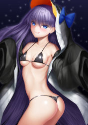 Rule 34 | 1girl, animal hood, ass, black jacket, blue bow, blue choker, blush, bow, breasts, choker, closed mouth, collarbone, fate/grand order, fate (series), hair between eyes, highres, hood, hood up, jacket, long hair, looking at viewer, masatoki, meltryllis, meltryllis (fate), meltryllis (swimsuit lancer) (fate), meltryllis (swimsuit lancer) (first ascension) (fate), navel, open clothes, open jacket, penguin hood, purple hair, sleeves past fingers, sleeves past wrists, small breasts, smile, solo, thighs, very long hair