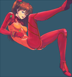 Rule 34 | 00s, 1girl, ass, belir, blue eyes, bodysuit, breasts, covered erect nipples, evangelion: 2.0 you can (not) advance, female focus, leg lift, long hair, multicolored clothes, neon genesis evangelion, non-web source, orange hair, plugsuit, rebuild of evangelion, red hair, simple background, solo, souryuu asuka langley, test plugsuit