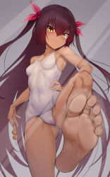 Rule 34 | 1girl, absurdres, barefoot, blush, brown hair, dark skin, feet, foot focus, hand on own hip, highres, long hair, looking at viewer, master nemesis, one-piece swimsuit, smell, smile, soles, steam, swimsuit, to love-ru, toes, white one-piece swimsuit, yellow eyes