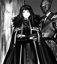 Rule 34 | 1boy, 1girl, 1other, baral (project moon), black coat, black necktie, coat, crossed arms, formal, fur trim, greyscale, highres, jewelry, library of ruina, luda (project moon), mask, monochrome, necktie, nishikujic, project moon, ring, shirt, suit, white shirt, zena (project moon)