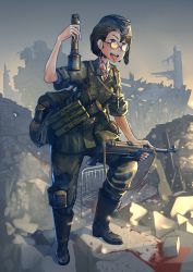 Rule 34 | 1girl, ammunition pouch, blood, commentary, erica (naze1940), explosive, garrison cap, glasses, grenade, grey hat, grey sky, gun, gun sling, hat, highres, holding, holding weapon, insignia, jacket, military, military jacket, military uniform, mp40, open mouth, original, pouch, reichsadler, revision, round eyewear, sky, soldier, solo, standing, stick grenade, stielhandgranate, submachine gun, tongue, tongue out, totenkopf, uniform, war, weapon, world war ii