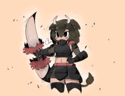 Rule 34 | american bison (kemono friends), animal ears, armor, armored gloves, armored skirt, black armor, black hair, black thighhighs, blush, cow horns, hair between eyes, hand on own hip, highres, holding, holding weapon, horns, kemono friends, leo (mkcx8447), smile, tail, tan background, thighhighs, weapon