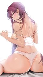 1girl ass back bare_shoulders blush breasts commentary_request damda fate/grand_order fate_(series) from_behind large_breasts long_hair looking_at_viewer panties purple_eyes red_eyes scathach_(fate) simple_background solo thighs underwear white_background white_panties