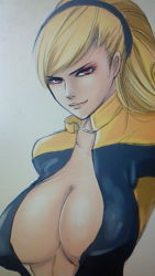Rule 34 | 1girl, blonde hair, breasts, cleavage, kof: maximum impact, large breasts, lien neville, lips, midriff, miura hajime, no bra, smile, snk, solo, the king of fighters