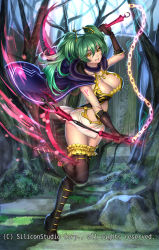 Rule 34 | 1girl, boots, breasts, cape, cleavage, company name, full body, fur trim, gloves, grass, green hair, grin, gyakushuu no fantasica, highres, huge breasts, kusarigama, long hair, looking at viewer, official art, rock, ryuki@maguro-ex, sickle, smile, solo, teeth, tree, twintails, veins, veiny breasts, weapon, yellow eyes
