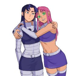 Rule 34 | 2girls, blackfire, breasts, closed mouth, colored sclera, colored skin, commentary, covered navel, dc comics, english commentary, genniax, green eyes, green sclera, highres, hug, long hair, looking at viewer, medium breasts, multiple girls, navel, orange skin, purple eyes, purple hair, siblings, simple background, sisters, skirt, smile, standing, starfire, superhero costume, teen titans, thighhighs, white background