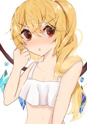 Rule 34 | 1girl, absurdres, blonde hair, blush, crystal wings, flandre scarlet, flat chest, hand up, highres, long hair, open mouth, red eyes, simple background, solo, swimsuit, teruteru (pixiv 98065144), touhou, white background