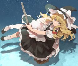 Rule 34 | 1girl, apron, black dress, black footwear, black hat, blonde hair, blush, bow, broom, broom riding, buttons, closed mouth, dress, frills, full body, hair between eyes, hair bow, hat, hat bow, highres, kerok (joniko1110), kirisame marisa, long hair, looking at viewer, mary janes, puffy short sleeves, puffy sleeves, shaded face, shirt, shoes, short sleeves, short socks, simple background, sitting, socks, solo, touhou, white apron, white background, white bow, white shirt, white socks, witch hat, yellow eyes