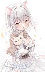 Rule 34 | 1girl, :d, absurdres, animal ears, blush, brown capelet, brown eyes, capelet, commentary request, commission, dress, fang, frilled capelet, frilled dress, frills, grey hair, hair between eyes, hair intakes, highres, hugging object, long sleeves, looking at viewer, open mouth, original, petals, puffy long sleeves, puffy sleeves, rucaco, simple background, skeb commission, sleeves past wrists, smile, solo, stuffed animal, stuffed hedgehog, stuffed toy, virtual youtuber, white background, white dress