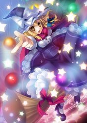 Rule 34 | 1girl, bad id, bad pixiv id, blonde hair, braid, broom, broom riding, danmaku, female focus, gradient background, hat, kirisame marisa, magic circle, perfect cherry blossom, rie (reverie), scarf, short hair, skirt, solo, star (symbol), touhou, witch, witch hat, yellow eyes