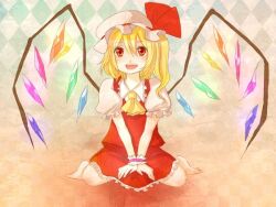 Rule 34 | 1girl, argyle, argyle background, argyle clothes, ascot, barefoot, blonde hair, brown background, collared shirt, crystal, flandre scarlet, frilled skirt, frills, full body, glowing, glowing wings, hair between eyes, hat, medium hair, mob cap, moon, multicolored wings, one side up, open mouth, puffy short sleeves, puffy sleeves, red eyes, red ribbon, red skirt, red vest, ribbon, ribbon-trimmed headwear, ribbon trim, segawa ichiko, shirt, short sleeves, simple background, sitting, skirt, skirt set, solo, teeth, touhou, upper teeth only, vest, wariza, white hat, white shirt, wings, wrist cuffs, yellow ascot