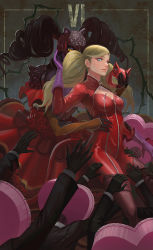 Rule 34 | 2girls, animal ears, arm around waist, black hair, blonde hair, blue eyes, breasts, carmen (persona 5), cat ears, cat mask, dress, drill hair, eyelashes, gloves, grabbing, hand on another&#039;s face, looking at viewer, mask, multiple girls, outstretched arm, persona, persona 5, purple gloves, takamaki anne, twin drills, twintails, yagaminoue, yellow eyes, zipper