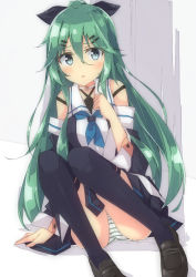 Rule 34 | 1girl, arm support, bare shoulders, beritabo, black footwear, black ribbon, black shirt, black skirt, black thighhighs, blue neckerchief, blush, green eyes, green hair, hair ornament, hair ribbon, hairclip, hand up, high ponytail, kantai collection, loafers, long hair, long sleeves, looking at viewer, neckerchief, panties, parted lips, pleated skirt, ponytail, ribbon, shirt, shoes, sitting, skirt, sleeveless, sleeveless shirt, solo, striped clothes, striped panties, thighhighs, underwear, very long hair, yamakaze (kancolle)