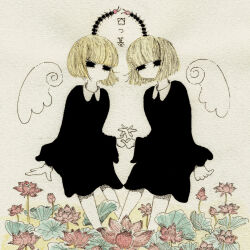 Rule 34 | 2others, album cover, androgynous, black dress, black eyes, blonde hair, bug, centipede, collar, collared dress, cover, detached wings, dress, flower, highres, holding hands, interlocked fingers, multiple others, no mouth, official art, original, shi (yotsuhaka), short hair, white background, white collar, white wings, wings