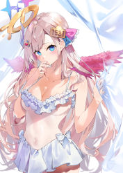 Rule 34 | 1girl, angel wings, bare arms, bikini, blue eyes, blush, breasts, character request, cleavage, collarbone, cowboy shot, fingernails, frilled bikini, frills, hair ornament, hair ribbon, halo, hand on own face, highres, holding, indie virtual youtuber, kasumi komo, light brown hair, long hair, looking at viewer, nail polish, navel, pink nails, pink wings, pleated skirt, ribbon, sidelocks, skirt, solo, spaghetti strap, stomach, swept bangs, swimsuit, thighs, underboob, virtual youtuber, white bikini, white skirt, wings