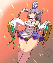 Rule 34 | 1girl, absurdres, blue hat, blue skirt, blush, breasts, commentary request, detached sleeves, dutch angle, feet out of frame, grey eyes, grey hair, grin, hat, highres, japanese clothes, kariginu, kurodani yamame, long hair, long sleeves, medium breasts, miniskirt, mononobe no futo, pom pom (clothes), ponytail, ribbon-trimmed sleeves, ribbon trim, rinyamame, shiny skin, sideboob, skirt, sleeves past fingers, sleeves past wrists, smile, solo, tate eboshi, touhou, white sleeves, wide sleeves