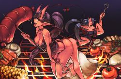 Rule 34 | 2girls, artist name, ass, ass-to-ass, babydoll, barefoot, black hair, black panties, breasts, choker, cleavage, colored skin, corn, crop top, demon girl, demon horns, demon tail, demon wings, eyelashes, fangs, fire, food, g-string, grill, heart tail duo, holding, horns, junkpuyo, large breasts, leaning forward, lingerie, long hair, looking at viewer, looking back, microskirt, mini person, minigirl, multiple girls, mushroom, oni, oni horns, open mouth, original, panties, pink skin, pointy ears, ponytail, red skin, sausage, short sleeves, skewer, skirt, small breasts, smile, spaghetti strap, standing, standing on one leg, steak, tail, thong, tomato, tongue, tongue out, twintails, two-handed, underboob, underwear, underwear only, vegetable, very long hair, wings, yellow eyes