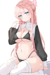 Rule 34 | 1girl, absurdres, bikini, black bikini, blue archive, blue eyes, blush, breasts, cleavage, closed mouth, cross, hair bun, halo, highres, large breasts, long hair, long sleeves, looking at viewer, mimori (blue archive), pink hair, pink halo, simple background, single side bun, sisong, smile, solo, swimsuit, thighhighs, torn clothes, torn thighhighs, white background, white thighhighs