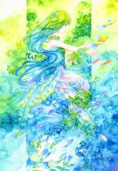 Rule 34 | blue hair, fish, green eyes, green hair, original, painting (medium), sei mutsuki, solo, traditional media, watercolor (medium)