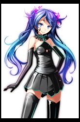 Rule 34 | 1girl, absurdres, argyle, argyle clothes, argyle cutout, black gloves, black skirt, black thighhighs, blue eyes, blue hair, border, choker, clothing cutout, cowboy shot, elbow gloves, floating hair, ghost rule (vocaloid), gloves, green ribbon, hand on own hip, hatsune miku, highres, long hair, looking at viewer, miniskirt, pleated skirt, ribbon, simple background, skirt, smile, solo, standing, strapless, thighhighs, tsukishiro saika, twintails, underboob cutout, very long hair, vocaloid, white background, zettai ryouiki
