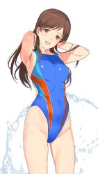 Rule 34 | 10s, 1girl, armpits, breasts, brown eyes, brown hair, competition swimsuit, cowboy shot, head tilt, idolmaster, idolmaster cinderella girls, idolmaster cinderella girls starlight stage, long hair, mibu natsuki, nitta minami, one-piece swimsuit, simple background, smile, solo, splashing, swimsuit, water, white background