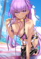 Rule 34 | 1girl, all fours, bb (fate), bb (fate) (all), bb (swimsuit mooncancer) (fate), bb (swimsuit mooncancer) (second ascension) (fate), beach, belt, bikini, black thighhighs, blush, breasts, cleavage, cloud, collarbone, commentary request, dark-skinned female, dark skin, day, fate/grand order, fate (series), grin, hair ribbon, kesoshirou, large breasts, long hair, looking at viewer, micro shorts, nail polish, outdoors, pink nails, purple bikini, purple eyes, purple hair, purple ribbon, ribbon, shorts, smile, solo, star (symbol), swimsuit, tan, thighhighs, thighs, very long hair, white belt